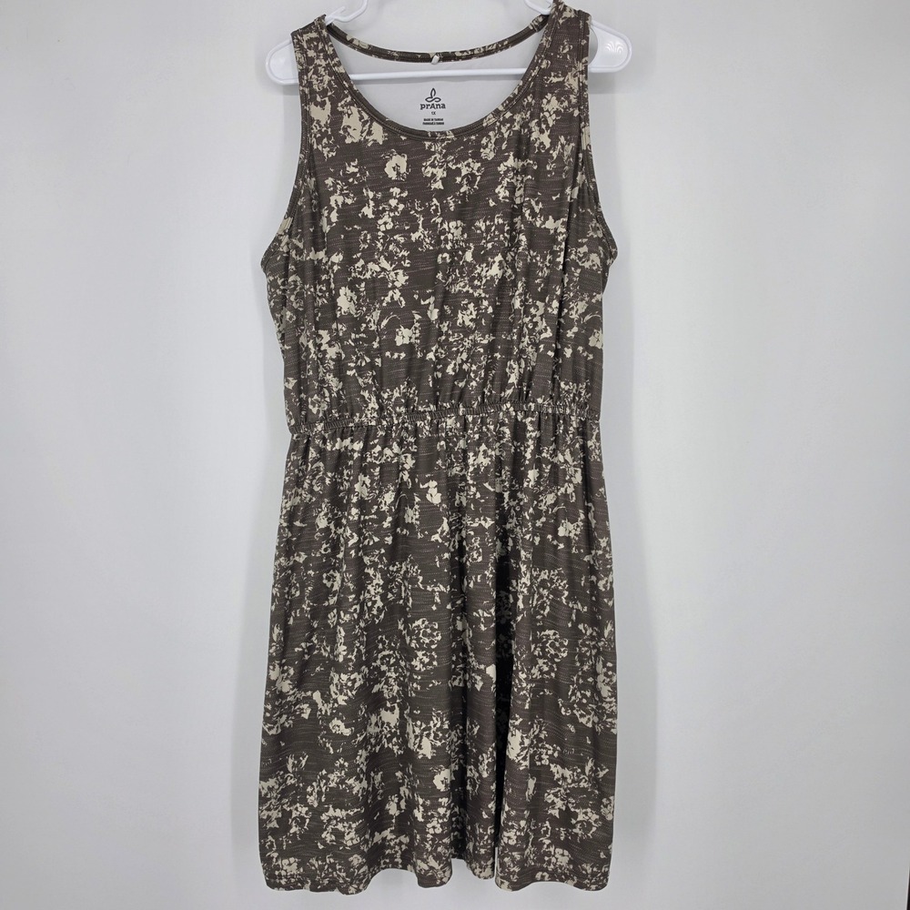 prAna Sleeveless Dress 1X Brown Olive Floral Gorpcore Athleisure Travel Earthy